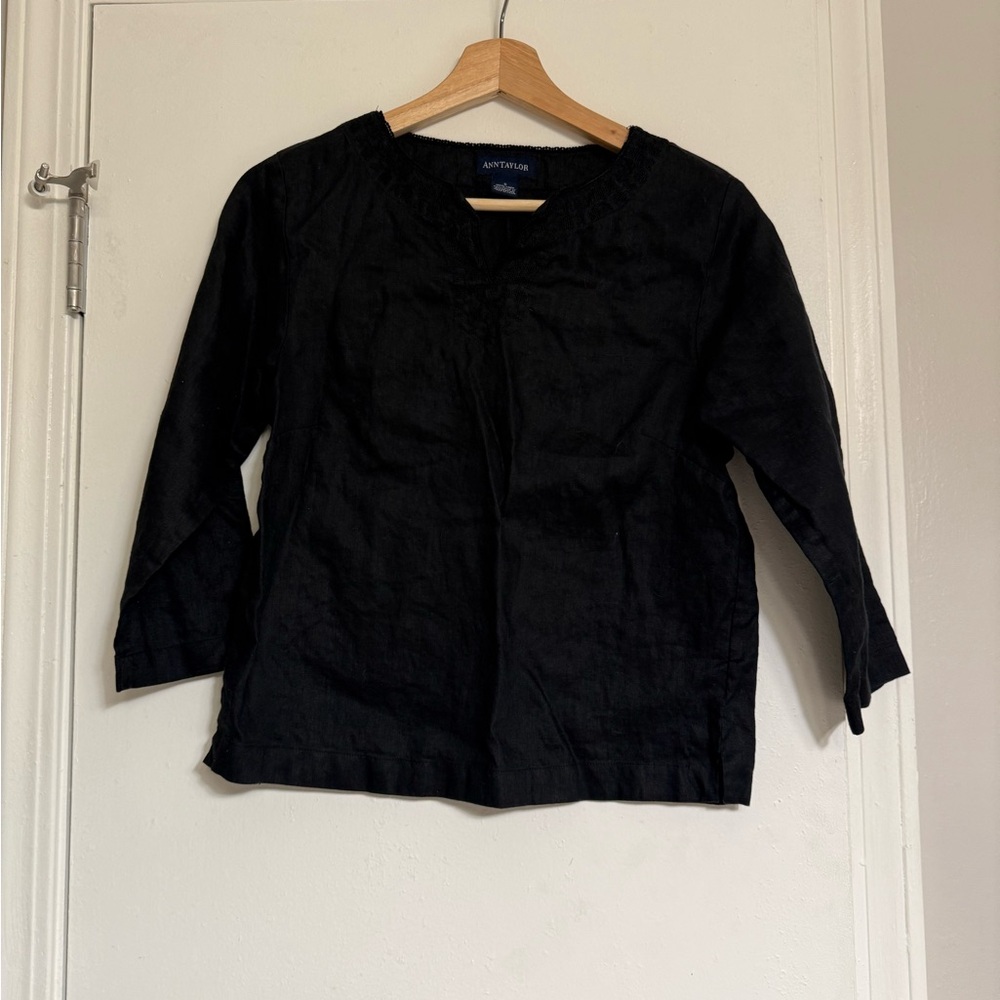 Vintage Ann Taylor Black 100% Linen Peasant Blouse
